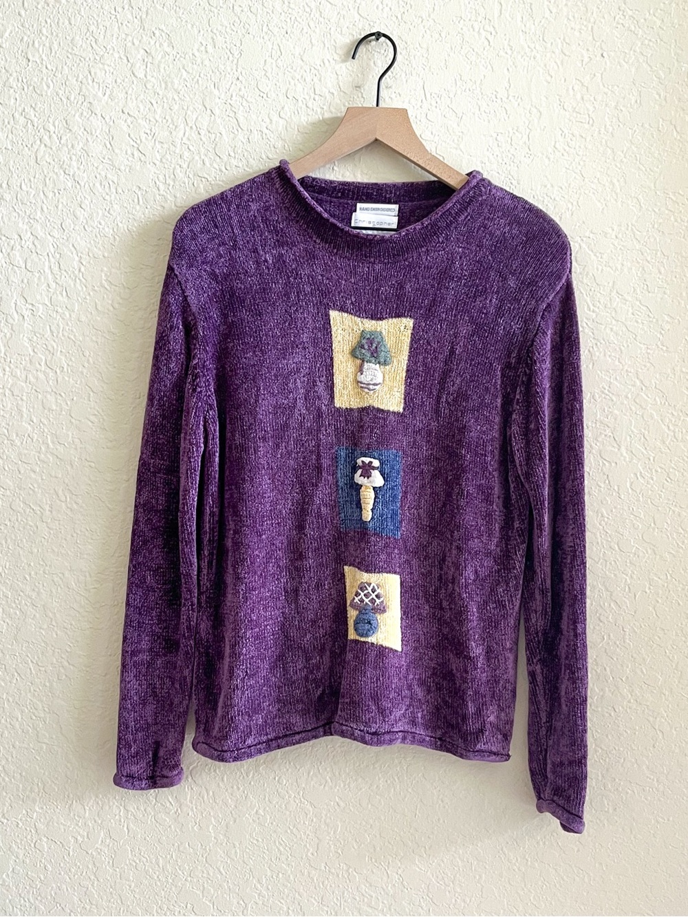 Vtg CHRISTOPHER & BANKS Purple Chenille Sweater Mushrooms Y2K 90s Women Large